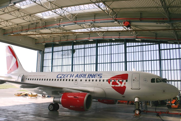 Czech Airlines Airbus A319 aircraft in the hangar